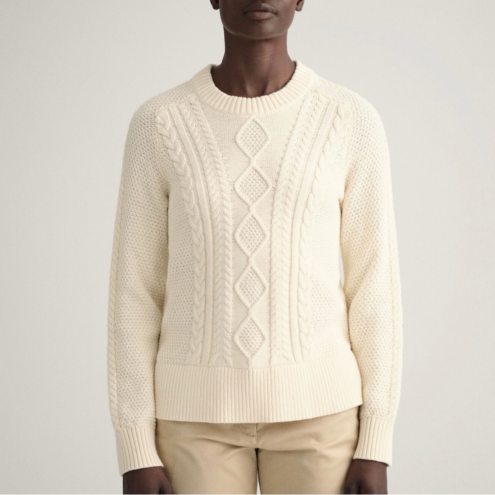 Gant Women's‎ Cotton Wool Blend Cable Crew Neck Sweater Cream Small